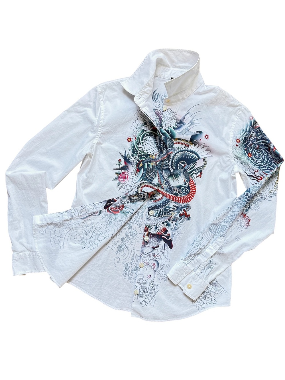 Vintage Jean Paul Gaultier JPG Tattoo Shirt with Dragon & Floral Print